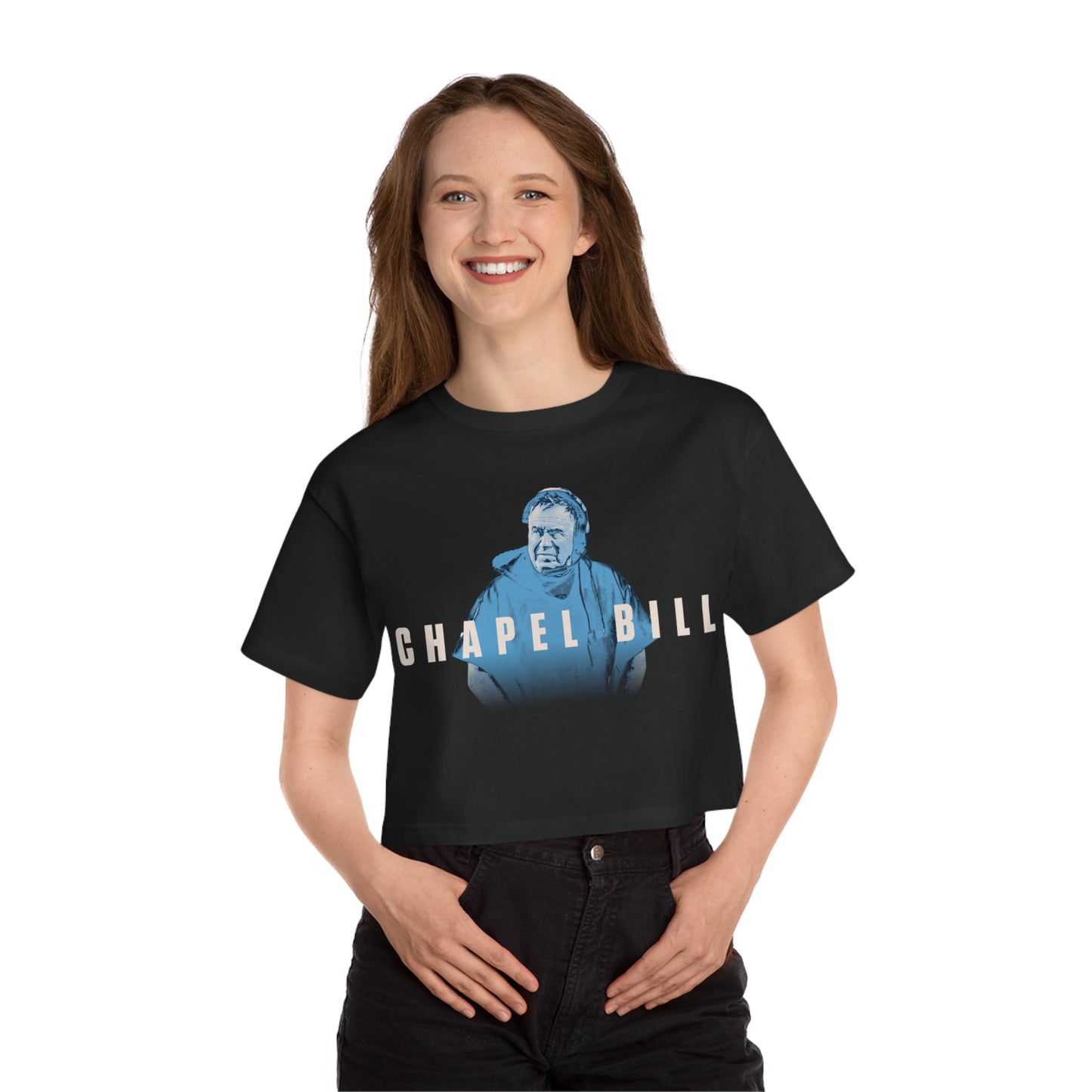 Cutoff Coach Belichick "Chapel Bill" Champion Women's Heritage Cropped T-Shirt